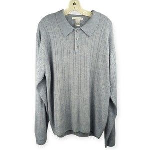 Geoffrey Beene Men's Light Blue Ribbed Polo Sweater Vintage 90s Butter Soft L